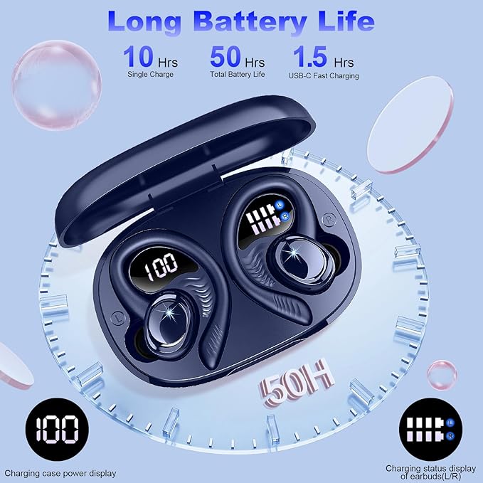 Wireless Earbuds Sport, 2025 Bluetooth 5.4 Headphones with Earhooks, 50H Stereo Deep Bass Over Ear Buds with 4 ENC Noise Canceling Mics, IP7 Waterproof Earphones for Running Workout Gym -Blue