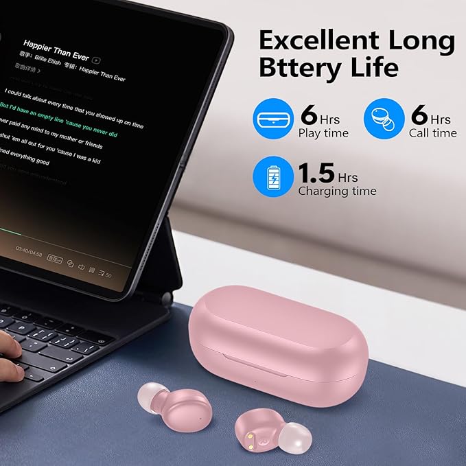 kurdene Wireless Earbuds Bluetooth 5.3 in Ear Buds Light Weight Headphones,Deep Bass Sound,Built in Mics Headset,Clear Calls Earphones for Sports Workout Pink