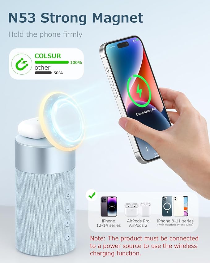 COLSUR Bluetooth Speaker, Magnetic Wireless Charger, Bluetooth Speakers with Night Light, 2 in 1 Wireless Charging Station