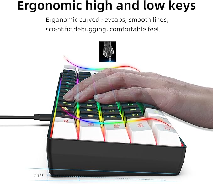 Snpurdiri 60% Wired Gaming Keyboard, Small RGB Backlit Membrane Gaming Keyboard, Ultra-Compact Mini Waterproof Keyboard for PC Computer Gamer White and Black