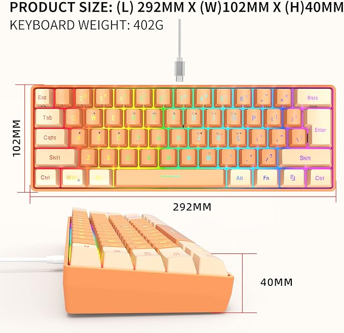 Snpurdiri 60% Wired Gaming Keyboard, RGB Backlit Ultra-Compact Mini Keyboard, Waterproof Mini Compact 61 Keys Keyboard for PC/Mac Gamer, Typist, Travel (Cream and Orange)