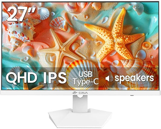 CRUA 27" White Monitor, 2K QHD(2560x1440P) IPS Panel, 120Hz Computer Monitor, Supports AMD Freesync, 120% sRGB, USB Type-C, Built-in Speakers, Wall Mountable(HDMI 2.0/DP 1.4), Best for Work and Gaming