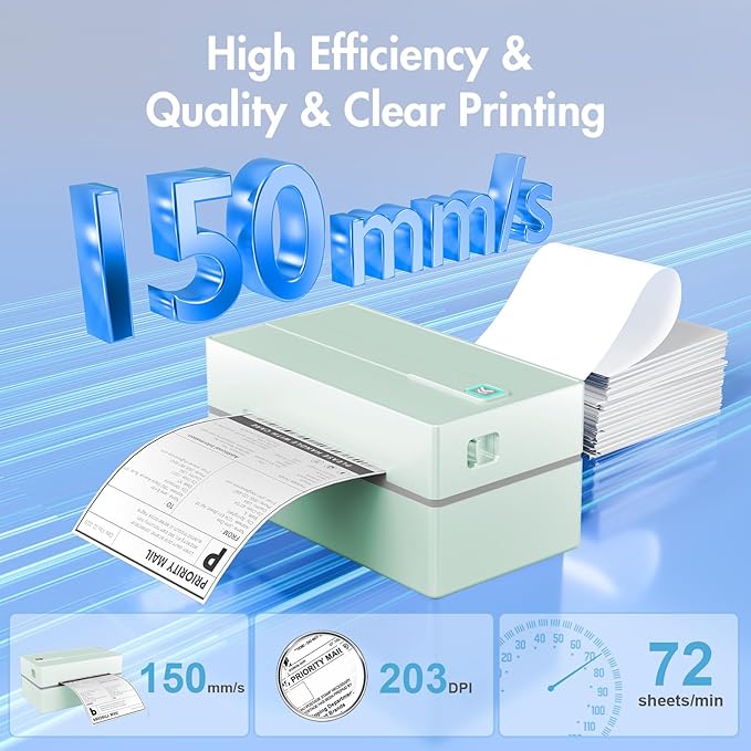 Bluetooth Thermal Shipping Label Printer: 4x6 Wireless Mini Clear Label Maker with Waterproof Tape for Small Business - Widely Used for USPS UPS Ebay Amazon Shopify Etsy, Green