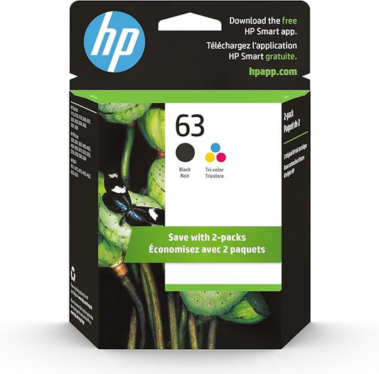 HP 63 Black, Tri-Color Ink Cartridge for HP Printers (2-pack), Works with DeskJet 1112, 2130, 3630 Series; ENVY 4510, 4520; OfficeJet 3830, 4650, 5200, Eligible for Instant Ink, L0R46AN
