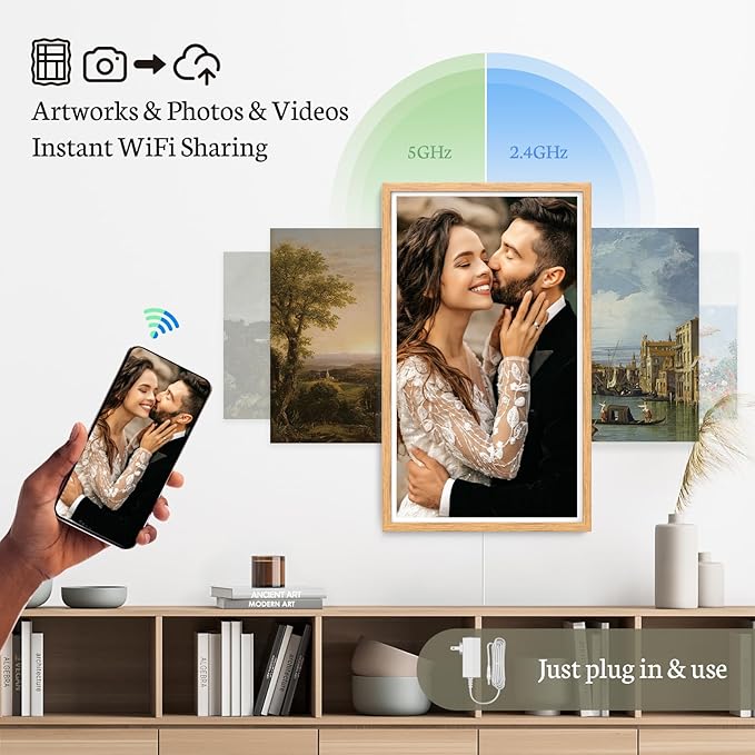 BSIMB 32 Inch Large Digital Picture Frame, Touchscreen 64GB 1920x1080 WiFi Photo Frame Electronic Display Remote Control, Share Pictures/Videos via Free App/USB/SD Easy Setup Gifts for Mom, Light Wood