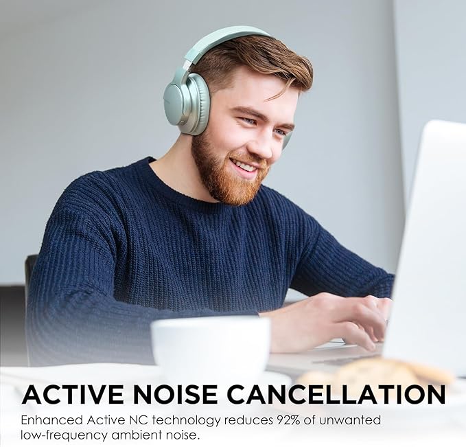 AUSDOM Wireless Headphones Noise Cancelling: Bluetooth Over Ear ANC Headphones with 50H Playtime, Microphone, Deep Bass, Hi-Fi Sound, Comfortable Ear Cushions for Travel Work, Mint Green