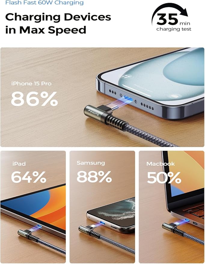 AINOPE USB C to USB C Cable 10FT 2Pack 60W Type C Cable Righe Angle for iPhone 16 Pro Max Charger Fast Charging Long Charger Cord Cable 10FT Compatible with iPhone 16 MacBook iPad Pro Airpods Pixel