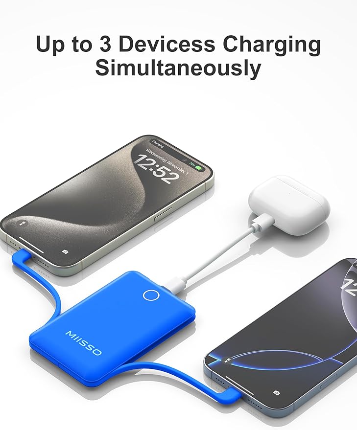 10000mAh Compatible with iPhone 15/16/17 (Only) Slim Portable Charger with Built in Cable, Power Bank Travel Charger External Battery Pack for Phone, 3 Output USB Type C Cord Clutch Charger, Deep Blue