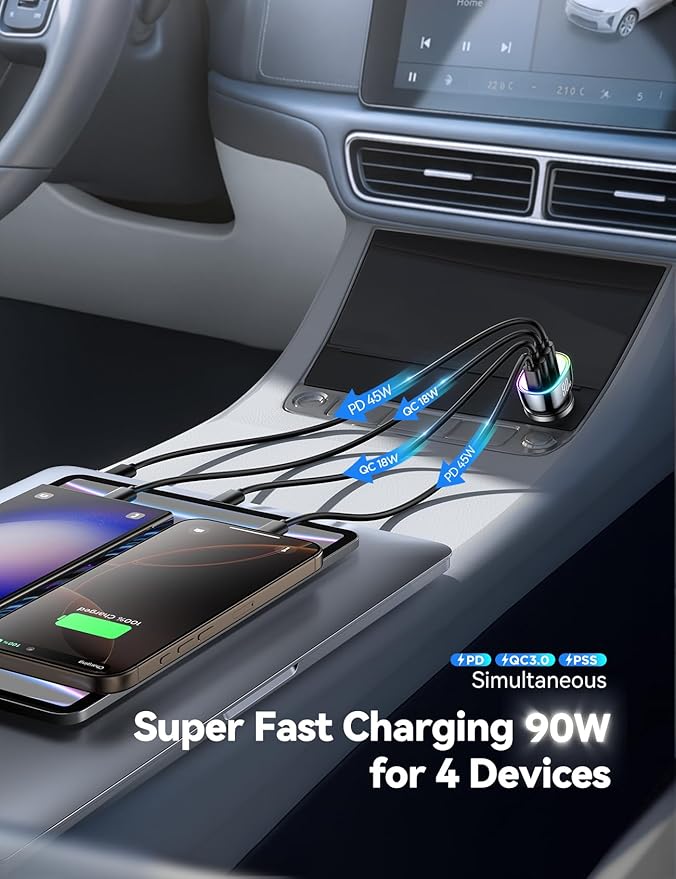90W for iPhone 17 Pro Car Charger USB C, 4-Port Car Charger Fast Charging, PD&QC3.0 Type C Car Phone Charger, Cigarette Lighter Adapter, Car Accessories for iPhone 16 16e 15 17 Air Pro Max, Samsung