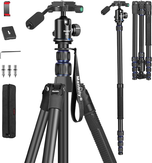 Camera Tripod, Manbily 74" Aluminum Travel Tripod Monopod Stand for Camera DSLR Phone, 360° Ball Head w Handle and Extra 1/4" QR Plate, Payload 17.6lbs, Compatible with Canon Nikon Sony