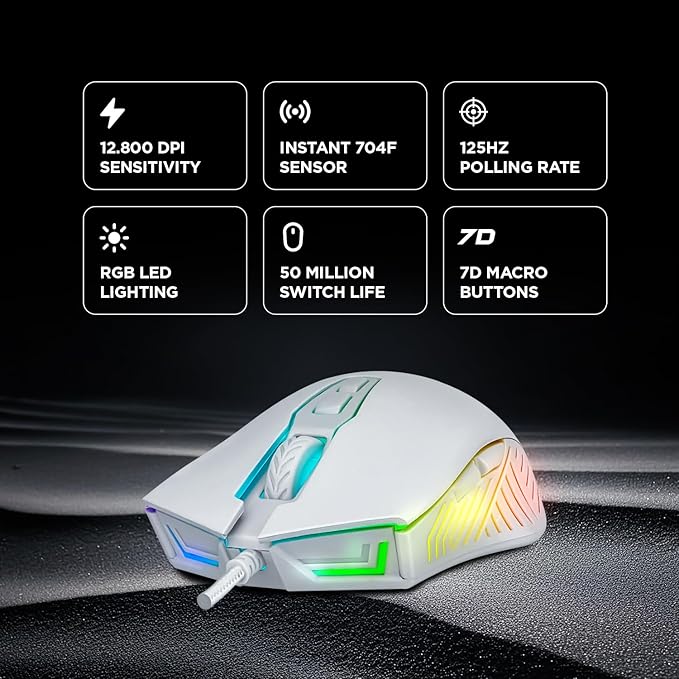 Rampage Spear V2 White Wired Gaming Mouse with RGB Lighting – 12800 DPI, 7 Programmable Buttons, Lightweight Ergonomic Gaming Mouse for PC/Mac/Laptop Gamers