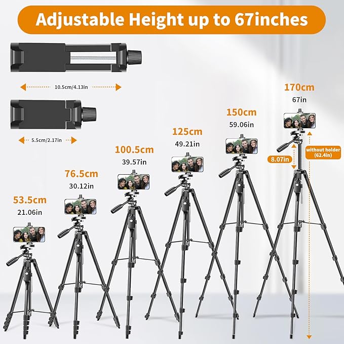 XXZU Tripod, 67" Camera Tripod with Travel Bag, Cell Phone Tripod with Remote, Aluminum Portable Tripod Stand with Phone Tripod Mount & 1/4”Screw, for Phone/Camera/Projector/DSLR/SLR