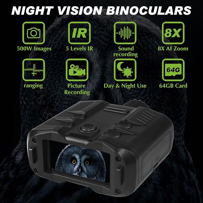 Night Vision Goggles - HD Upgraded 5level IR night vision binoculars - 8X AI Zoom, Rechargeable night vision device with Camera Built in,Save Photos and Videos, for Hunting ranging Camping(NV900)