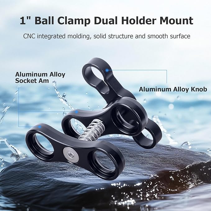 Underwater Photography Pro Kit, CNC Aluminum Butterfly Clamp with Dual 1/4"-20 Ball Head Adapters for Dive Lights, GoPr0 Hero 13-8 Housings & Camera Rigs 63140