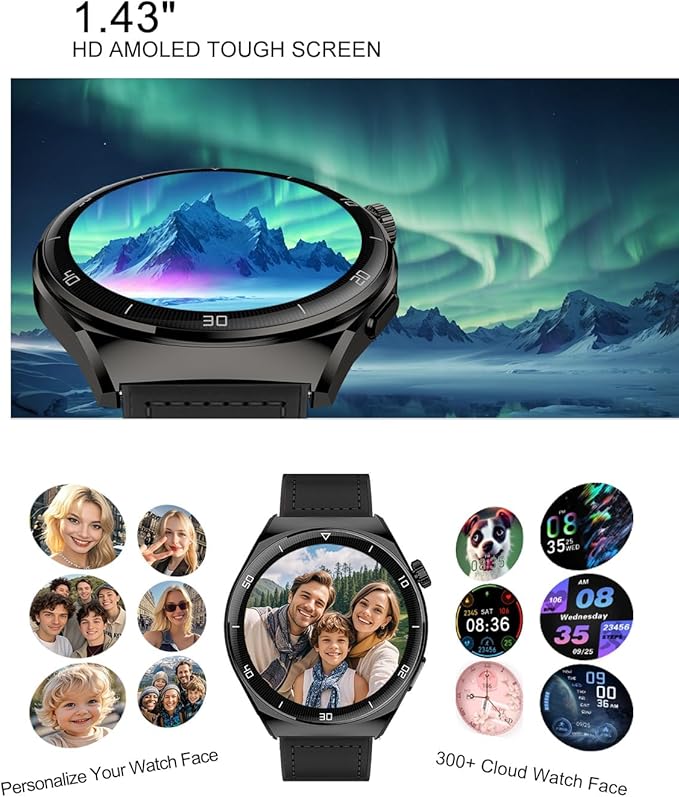 AMOLED Smart Watches for Men Women Fitness Tracker Watch Smartwatch for Android Phones/iPhone Compatible 1.43" HD Mens Watch with SOS ChatGpt AI Voice Heart Rate Sleep Female Cycle IP68 Waterproof