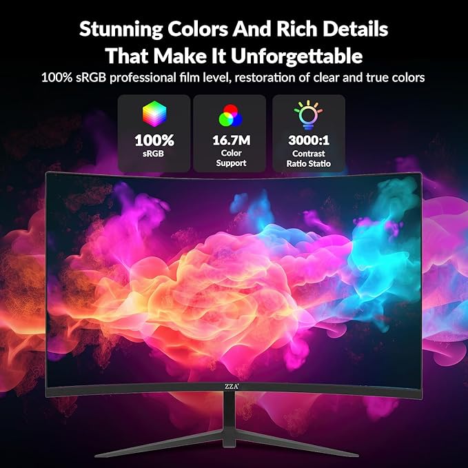 ZZA 27 Inch Curved Monitor,VA Gaming Monitor,180Hz Refresh Rate, 1ms Response, 100% sRGB, 1080p Resolution,FreeSync,VESA Mountable
