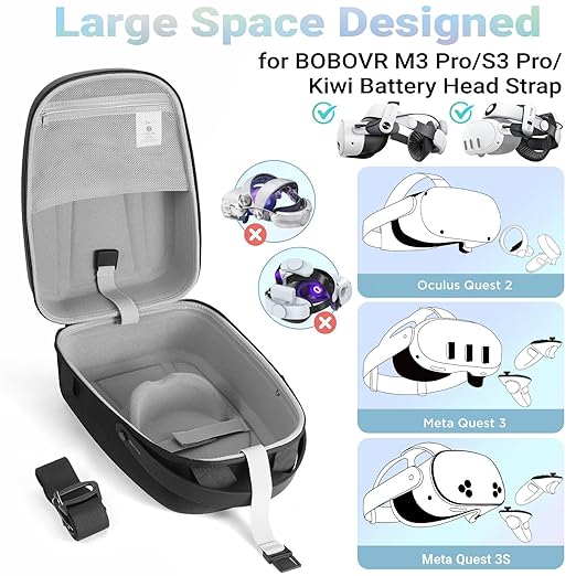 FOREGOER Hard Carrying Case for Meta Quest 3/3S/Oculus Quest 2, Large Space Compatible with BOBOVR S3 Pro/M3 Pro/Kiwi Design Battery Head Strap and All Accessories, Ideal for Travel and Home Storage