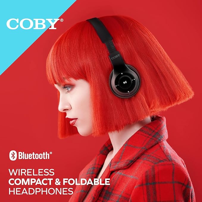 Coby Bluetooth Headphones, Rechargeable and Foldable Over-Ear Headset with Mic, TF Card Slot and AUX Input, Hands-Free Controls, 5-Hour Playback, Micro-USB Cable Included, Black