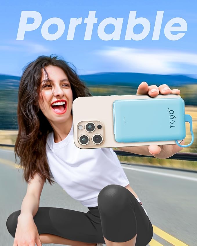 TG90° 5000mAh Slim Portable Charger,Ultra Compact Portable Charger with Built-in AC Wall Plug & USB-C Fast Charging,Pocket Size Travel Charger Compatible with iPhone 17 16 15 14 Samsung S22 S21 iPad