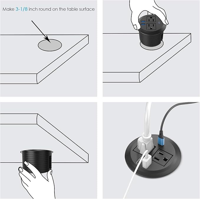 3 inch Desktop Power Grommet USB C,20W Fast Charging Station,Furniture Recessed Power Strip,2 Outlets,3 USB Ports,Flush-Mount for Desktop, Workspace Essential Desk Outlet,2 Pack (Black)