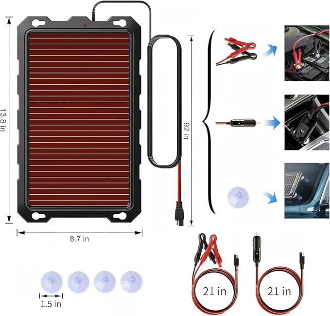 POWOXI 3.3W-Solar-Battery-Trickle-Charger-Maintainer -12V Portable Waterproof Solar Panel Trickle Charging Kit for Car, Automotive, Motorcycle, Boat, Marine, RV, Trailer, Powersports, Snowmobile, etc.