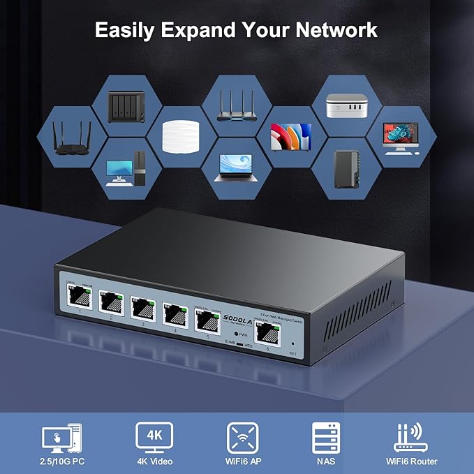 2.5Gb Easy Web Managed Switch, 2x10GBase-T Ports and 4x2.5GBase-T Ports, Full RJ45 Managed Ethernet Switch with Link Aggregation,VLAN,IGMP, 2.5G 10G Network Home-lab Switch