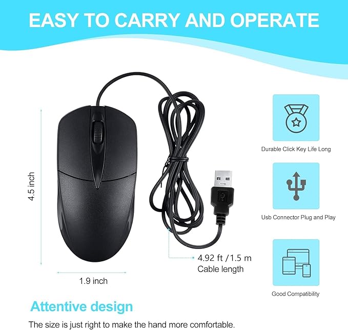 100 PCS Black Wired USB Computer Mouse Bulk - 1000 DPI 3 Button Corded with Home Office Noiseless Simple for Laptop Desktop PC