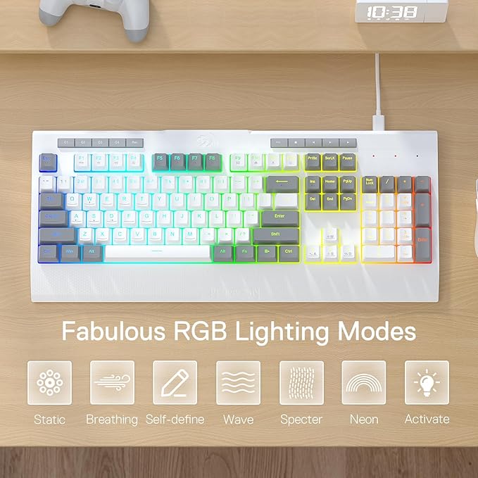 Redragon K525 RGB Backlit 104 Keys Wired Membrane Gaming Keyboard w/ 5 Multimedia Keys & 4 Extra On-Board Macro Keys, Dedicated Media Control, Ergonomic Wrist Rest, Linear Mechanical-Feel Switch