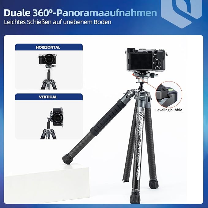 Fotopro Carbon Fiber Tripod 1.7lbs Ultralight 62 Inch Portable Compact Travel Tripod for Camera DSLR Load up to 22lbs X-Aircross 3 Lite Grey