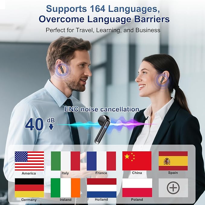 AI Translation Earbuds Real Time, 164 Language Translator Earbuds 3-in-1 Bluetooth 5.4 with APP, Translation Headphones with 6 Translation Modes Translating Device for Travel/Business/Learning, Black