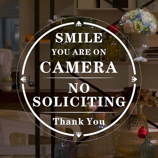 3 Pcs Smile You’re On Camera And No Soliciting Sign for Glass Door, 5.12 Inch Diameter Round, Made of Electrostatic Stickers, Attached to Glass Door Without Glue.(NoSoliciting)