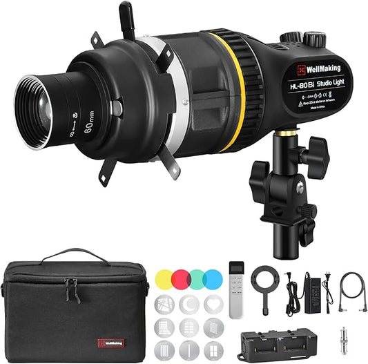 WELLMAKING Optical Snoot Conical Spotlight Attachment Kit, Adjustable Focus,with 80W Bi-Color COB LED Continuou Output Lighting, 9×Gobos, GOBO Holder and Geometry Effect Modifier for Studio and Video