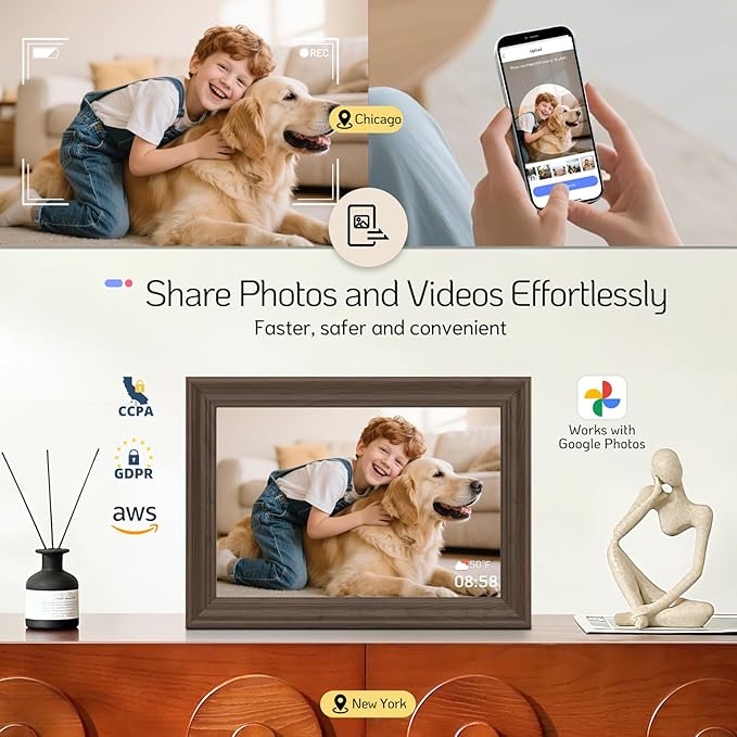 NexFoto 13.5 Inch Touchscreen Digital Picture Frame 3K Resolution, WiFi Digital Photo Frame 64GB, Add Photos from Google Photos, Easy to Share Photos/Videos via App/USB/Micro SD, Gifts for Mom, Walnut