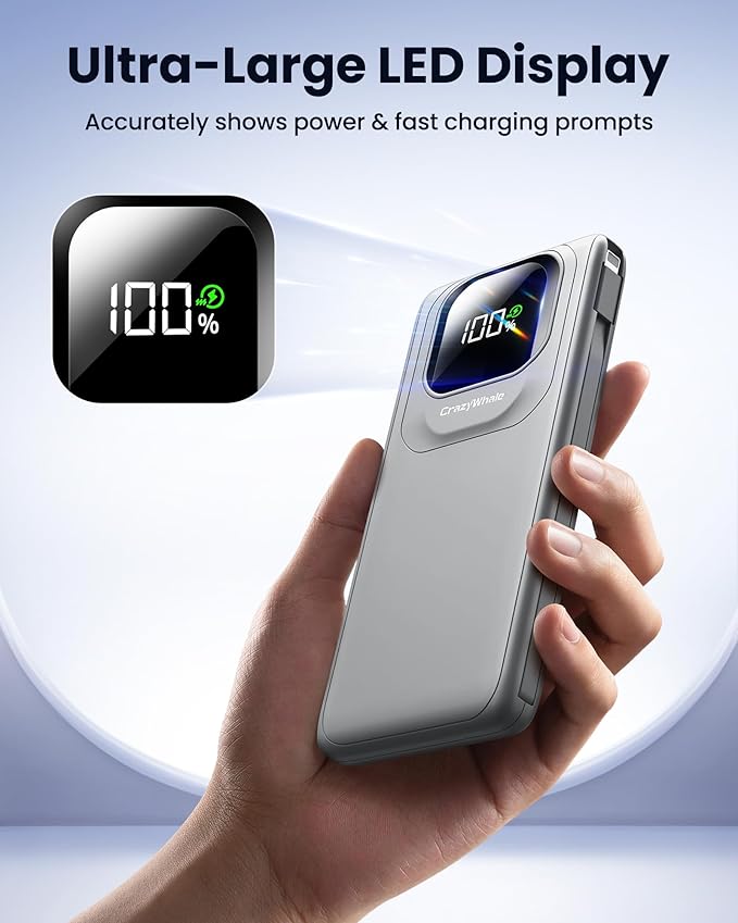 Portable Charger Power Bank with Built-in Type C Cables, 22.5W Fast Charging 10000mAh Phone Charger, Travel Battery Pack Slim Battery Bank with Smart LED Display for iPhone, Android & USB-C Devices