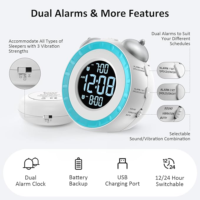 uscce Loud Dual Alarm Clock with Bed Shaker - 0-100% Dimmer, Vibrating Alarm Clock for Heavy Sleepers or Hearing Impaired, Easy to Set, USB Charging Port, Snooze, Battery Backup (White)