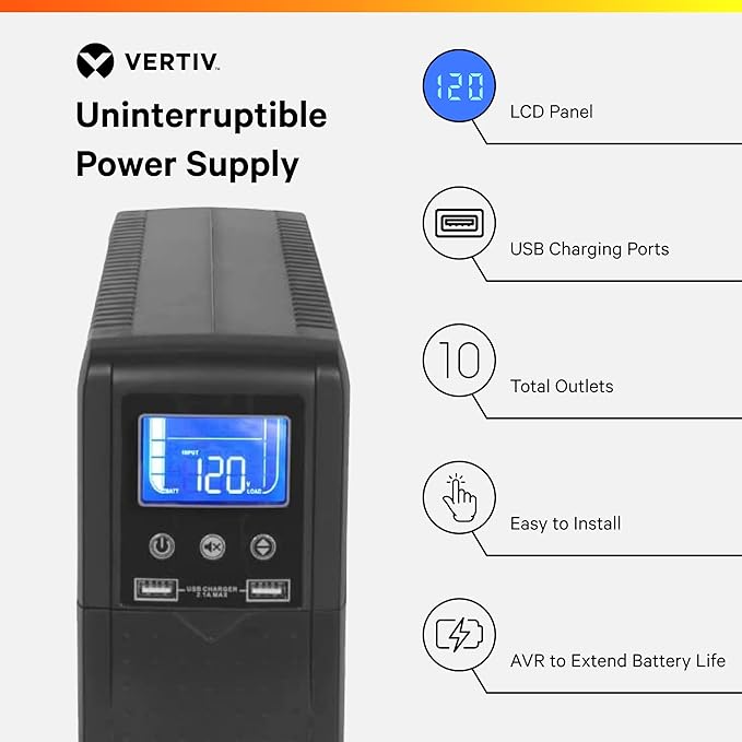 Vertiv Liebert PSA5 UPS - 1000VA/600W 120V Line Interactive AVR Tower UPS, 10 outlets, 2 USB Charging Ports, Battery Backup w/ Surge Protection, 3 year warranty, Energy Star Certified (PSA5-1000MT120)