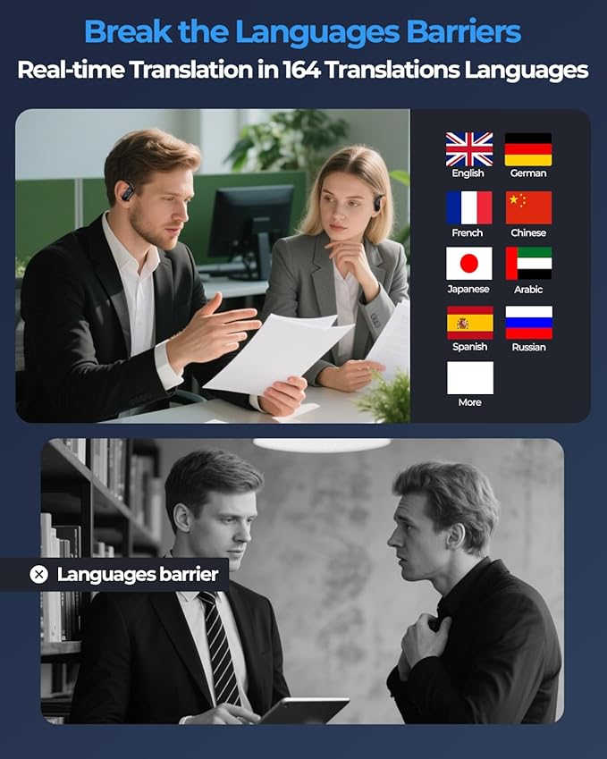 AI Translation Earbuds Real Time, 164 Language Translator Earbuds, 96H Playtime Translation Headphones, Noise Canceling, Audifonos Traductores Inglés Español for Business Meeting Travel Learning