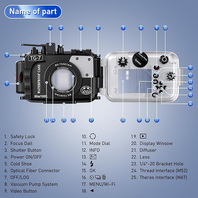 Seafrogs 60m/195ft Underwater Camera Housing for Olympus TG-7 – Waterproof Case with 52mm & 67mm Thread, Dual Fiber Optic Ports, Leak Detection, Stainless Steel Mounting Plate (TG-7-black)