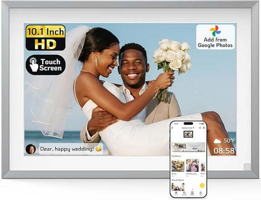 NexFoto Touchscreen Digital Picture Frame 10.1 Inch 64GB, WiFi Digital Photo Frame, Unboxing Gift Mode, Add Photos from Google Photos, Upload Videos Easily, Gifts for Newlyweds, Wedding, Silver
