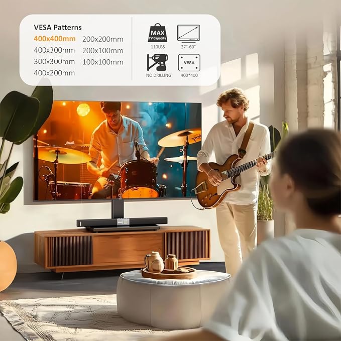 Universal TV Stand - Table Top TV Stand for 27-60 inch LCD LED TVs - 6 Level Height Adjustable TV Base Stand with Tempered Glass Base & Wire Management, VESA 400x400mm