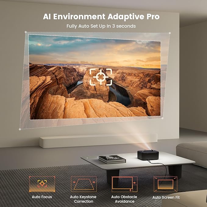 [1500 ANSI/Auto Focus/Built-in APPs] Outdoor-Projector-4K with Wifi6 and Bluetooth, Smart TV OS & DoIby, Portable Projector with Netflix/YouTube/PrimeVideo, ONOAYO 1080P Proyector with 300 ''Display