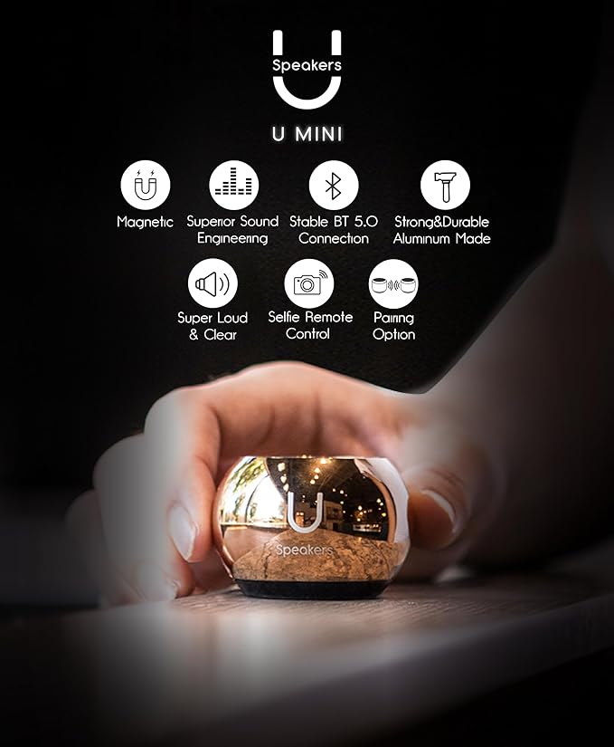 Fashionit U Mini - Small Bluetooth Speaker Wireless - Mic & Remote Shutter, Portable Bluetooth Speakers, Rich Sound for Home & Outdoor, White Elephant Gifts for Adults - Mirror Hematite