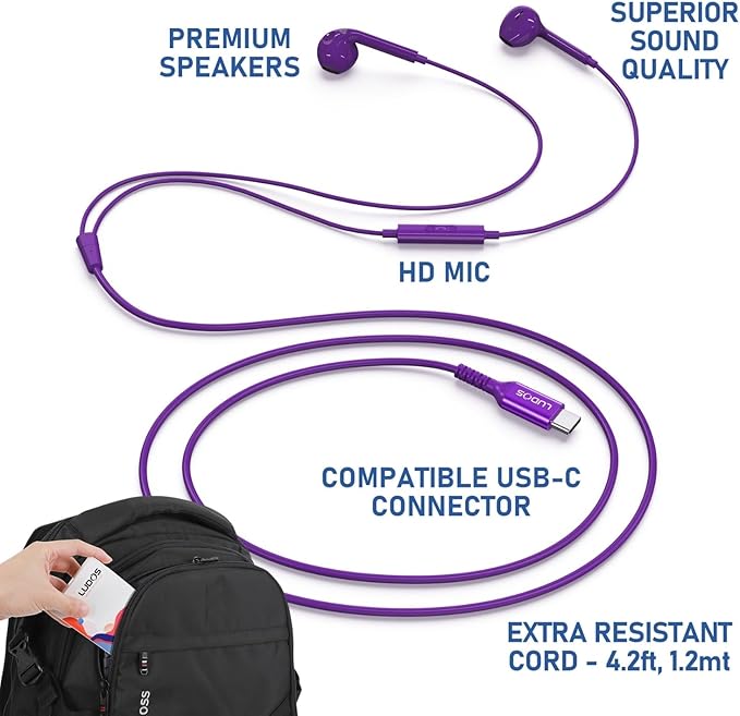 LUDOS Zenith USB C Headphones for iPhone 17 16 15 Pro Max Plus Air iPad Pro Air, 2 Years Warranty, USB-C Earbuds for Samsung Galaxy S24 S23 Ultra S22 S21 S20 A55 A54, USB Type C Earphones - Purple