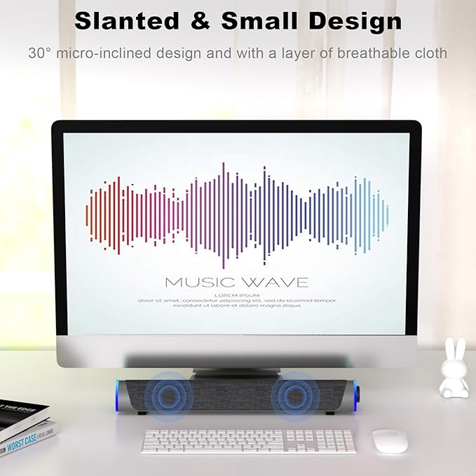 SOULION R30 Computer Speakers, Colorful LED Lights with Switch Button, Surround Sound Portable Computer Sound Bar Speakers for Desktop, Gray