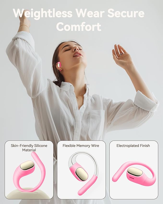 PocBuds Open Ear Headphones 60Hrs Playtime Open Ear Earbuds with Lightweight Earhooks 5.4 Bluetooth Wireless Headphonese IPX7 Waterproof Sport Earbuds Fit Running,Workout Pink