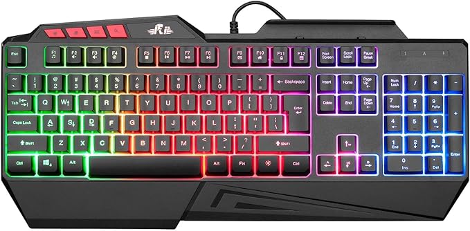 Rii RK202 RGB Gaming Keyboard Multiple Color Rainbow LED Backlit USB Wired Gaming Keyboard with Wrist Rest for Windows & Mac PC Gamers (Black)