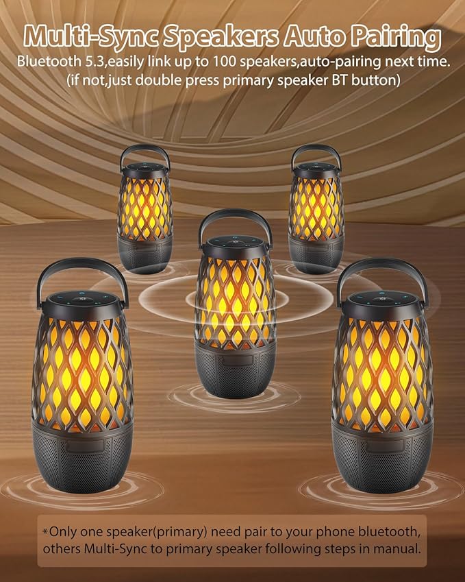 Outdoor Bluetooth Speakers Waterproof Wireless Outdoor Speakers with Flame Lights, Tech Gadgets Gift for Men Dad Her, Multi-Sync up to 100 Speakers, HD Stereo Sound, IPX5 for Patio Porch Party