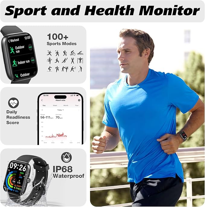 Smart Watch for Men Women with Bluetooth Call,Alexa Built-in Smartwatch,1.8" DIY Dial Fitness Watch with 100+ Sport Mode,IP68 Waterproof Watch Compatible with Android iOS