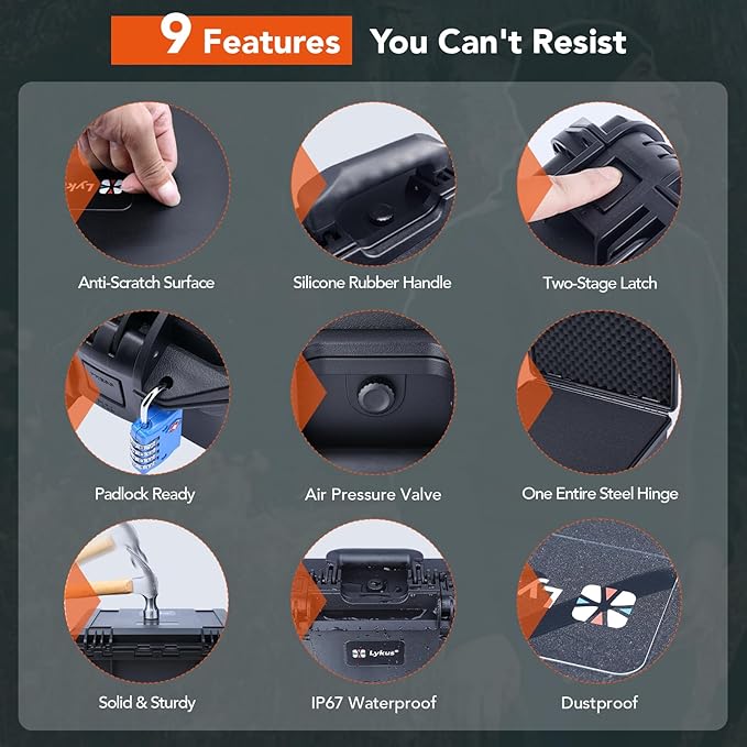 Lykus HC-3820 Waterproof Hard Case with Customizable Foam Insert, Interior Size 14.96x11.02x6.5 in, Suitable for camera, lens, drone, mic, flashlight, projector, electronics, tools, and more