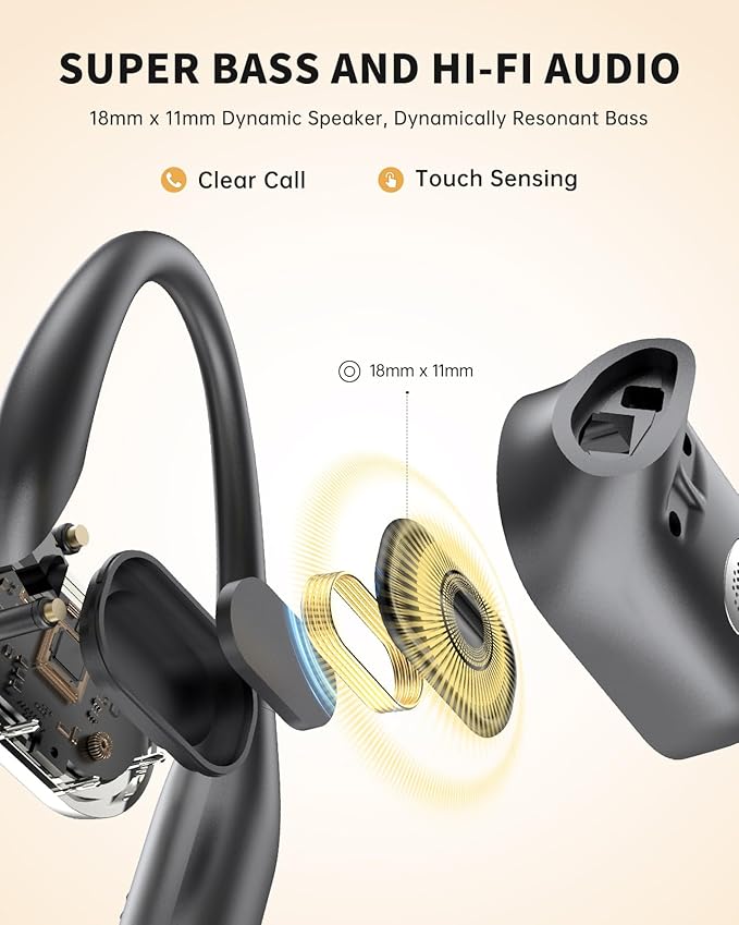 Open-Ear Headphones, Over Ear Earbuds with Ear Hooks, True Wireless Bluetooth Earphones with Microphone, Touch Control, Clear Calls, 60H Playtime, IPX7 Waterproof for Running and Workouts